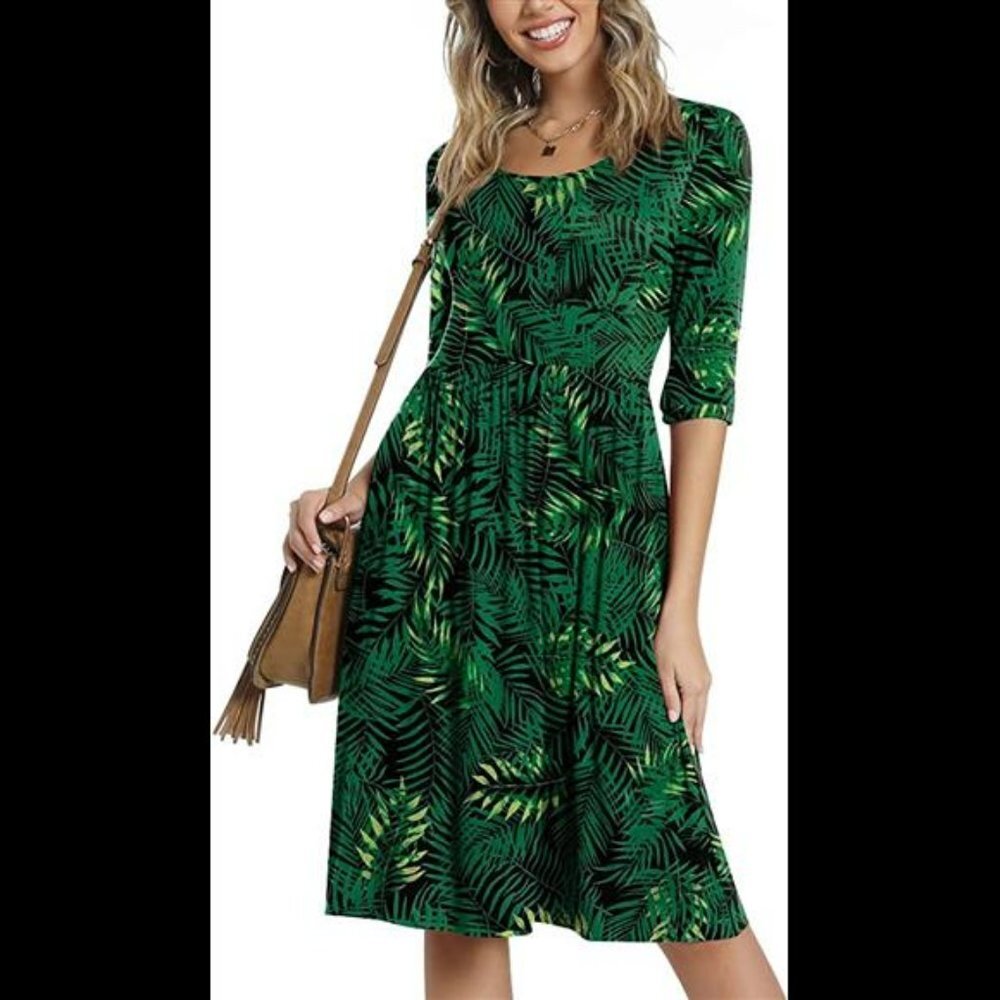 Women's 3/4 Sleeve 2022 Casual High Waist Round Neck Midi Dress with Pockets